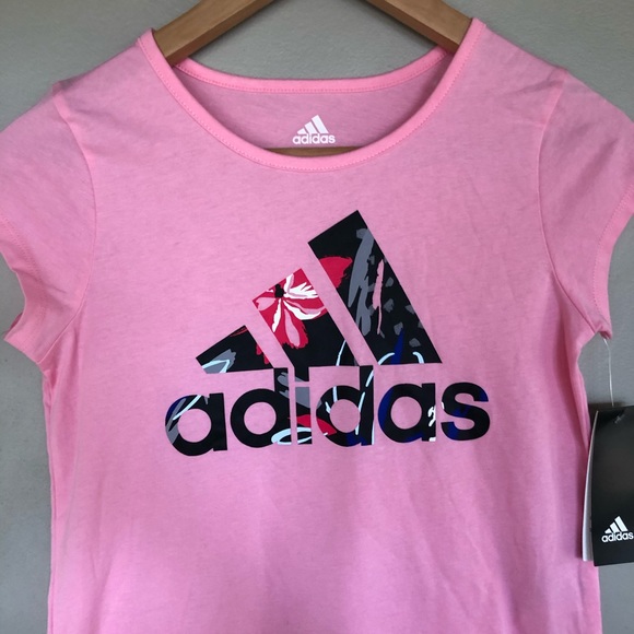 NWT Adidas Pink Floral Logo Short Sleeve Tee Youth - Picture 2 of 4